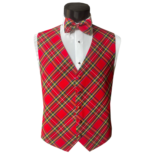 Holiday Red Real Tartan Plaid Tuxedo Vest and Bow Tie Set